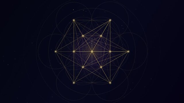 Golden sacred geometry structure rotating smoothly against a dark starry background.