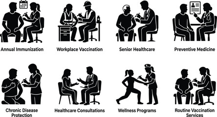 Fototapeta premium Vaccination and Preventive Healthcare Icons Set Featuring Immunization Medical Consultation and Wellness Programs