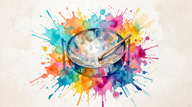 Steelpan drum watercolor illustration. Vibrant Caribbean musical instrument art design.
