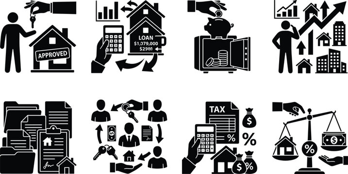 Real Estate Finance and Mortgage Black Silhouette Icon Bundle for Property Investment and Home Loans