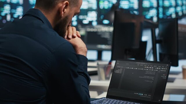 Computer scientist types code on a laptop while overseeing data center servers and maintaining mainframe systems during technical service work inside an enterprise infrastructure workflow.