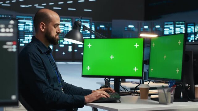 IT supervisor monitors energy consumption in a data center using isolated screen computers and a chroma key desktop PC for editable performance displays.