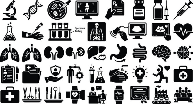 Medical Healthcare and Laboratory Black Icon Set for Hospital Diagnostics and Patient Care