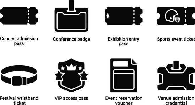 Event Admission and Access Pass Black Glyph Icon Set for Tickets Badges VIP and Venue Entry