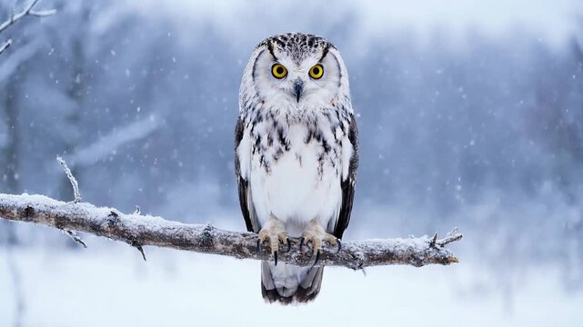 Great horned owl perched on a snowy branch. Majestic bird of prey in a winter forest.
