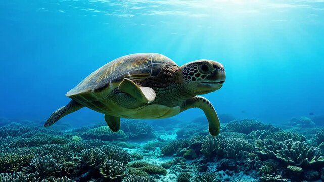 Green sea turtle swimming underwater. Marine life exploring a vibrant coral reef ecosystem.