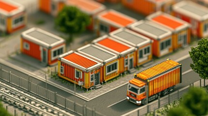 Fototapeta premium View of a model railway scene in a living map style. Modular homes line a small street while a truck drives by in warm daylight.