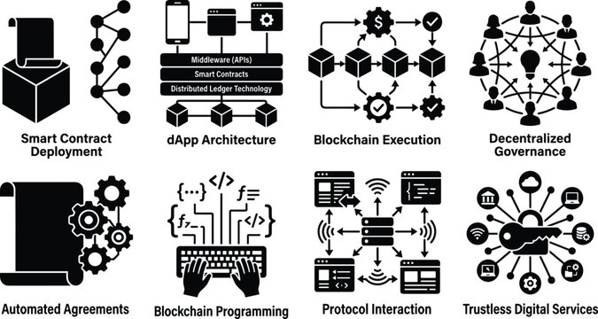 Blockchain and Smart Contract Black Silhouette Icon Bundle for Decentralized Applications and Digital Governance