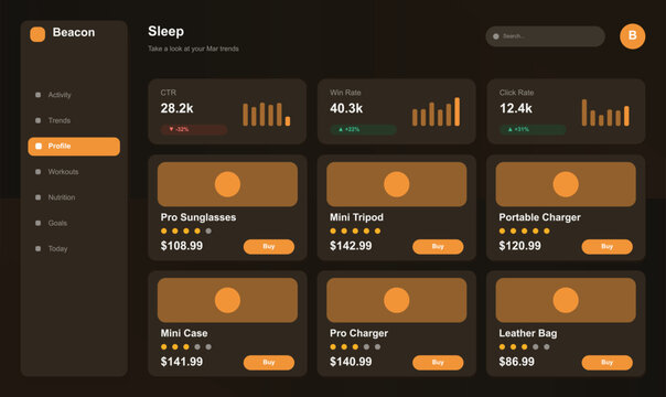 product showcase ui design for e commerce store with featured items prices and buy buttons displayed in a modern and attractive layout.