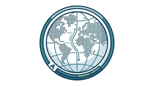 Industrial Stylized World Map with Pixel Art Continents and Network Lines Inside Circular Border