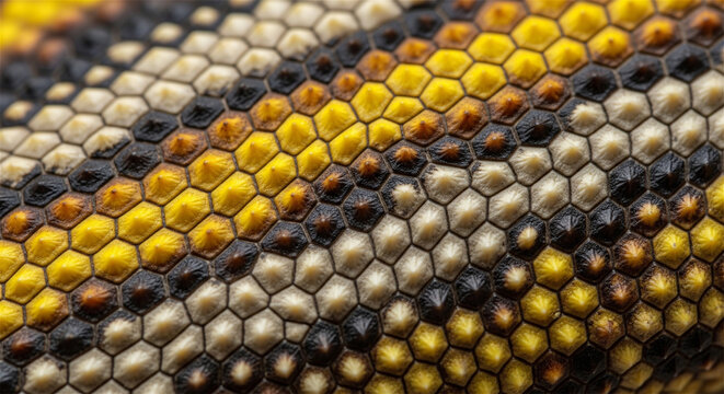 Reptile skin texture macro, yellow and black lizard scales pattern, natural wildlife background for design