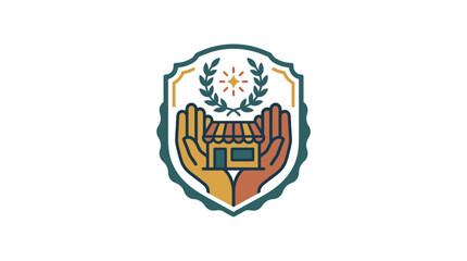 Fototapeta premium Minimalist Shield Logo Featuring Two Hands Holding a Synagogue Laurel Wreath and Star of David Above