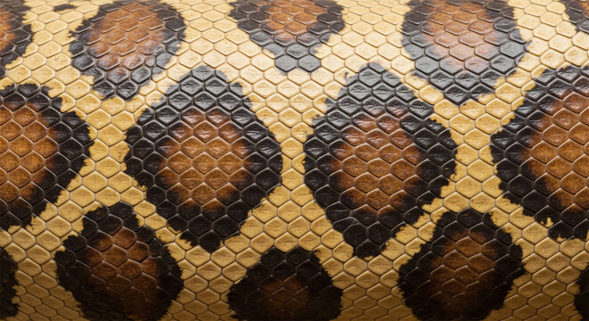 Exotic snakeskin texture background, luxury python leather pattern, brown and gold reptile skin macro close-up
