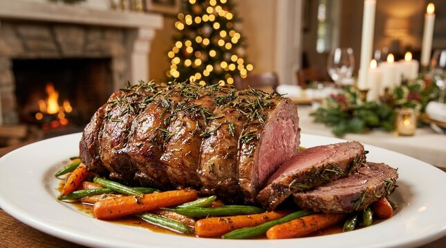 Festive roasted prime rib with rosemary and vegetables on a holiday table
