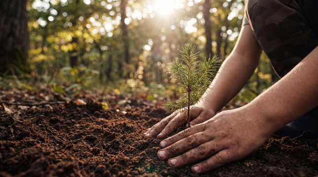 Person planting a young tree in soil. Hands nurturing a sapling for reforestation efforts.