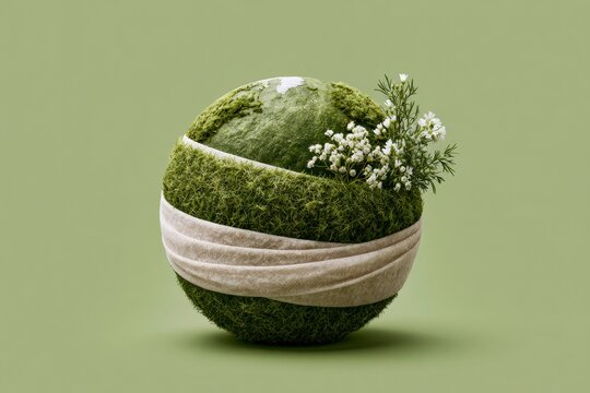 Surreal globe wrapped in grass and flowers on green background