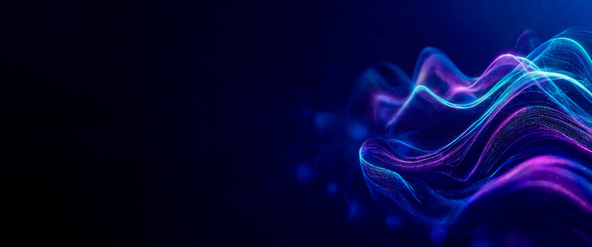 Ultra Wide Dark Tech Web Banner with Glowing Abstract 3D Waves
