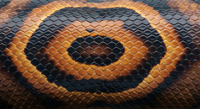 Snake skin texture background, exotic reptile scales pattern, orange and black python leather surface