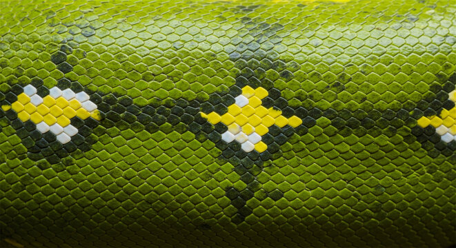 Green tree python skin texture, macro shot of emerald tree boa scales, vibrant reptile skin pattern with yellow and white markings