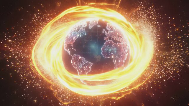 Digital planet Earth surrounded by glowing energy rings and solar flares. Global connectivity and telecommunications network concept. Lockdown wide shot.