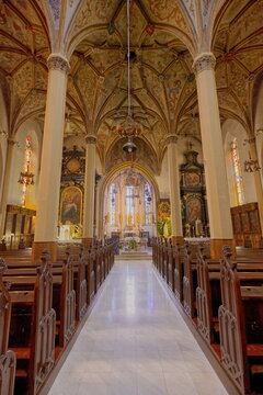 Hall-nave rib vault resting on slender columns, and moldings representing various guilds, St.Jacob (sv.Jakoba) parish church. Skofja Loka-Slovenia-159
