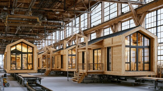 Inside a factory, house modules are lined up on a production line. Light streams through high windows. The space has an industrial feel.