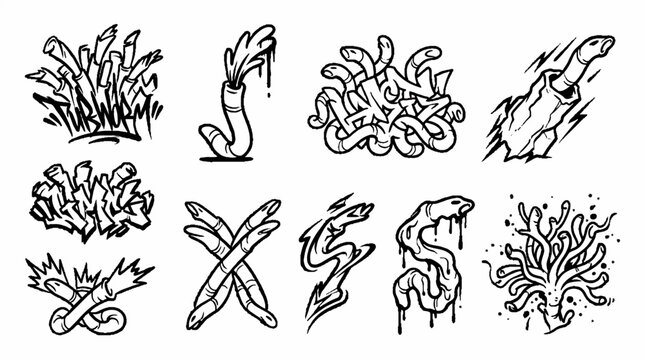 Collection of hand drawn doodle style worm illustrations in black and white.