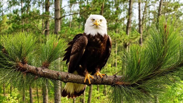 Majestic bald eagle perched on a pine branch. Wild bird of prey in a natural forest habitat.