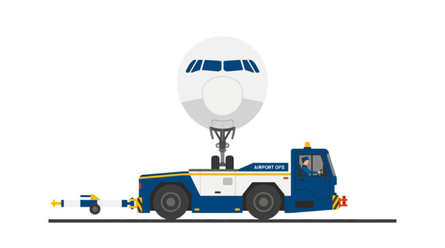 Airport tug towing a commercial airplane on the tarmac. EPS Editable. Vector Illustrations.