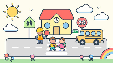 Naklejka premium School Children Crossing Road Safely with Crossing Guard and Bus Vector Illustration