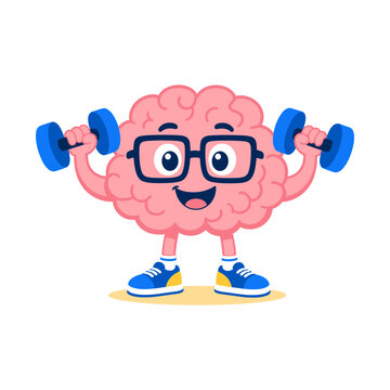 Brain Character Lifting Dumbbells, 3D Cartoon Illustration