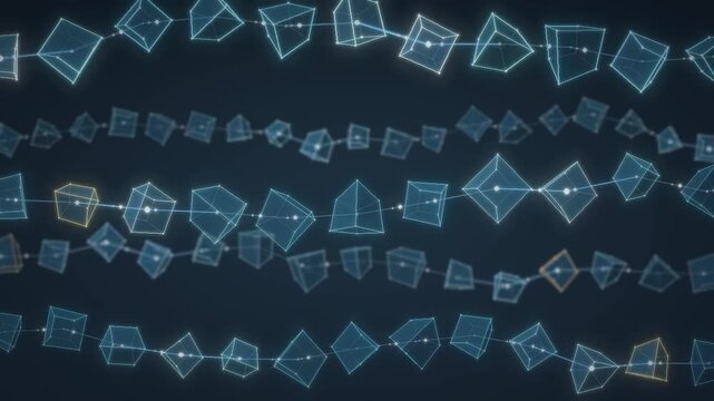 Blockchain cubes glowing wireframe blocks linked in a digital data network seamless loop in subtle cyan tones