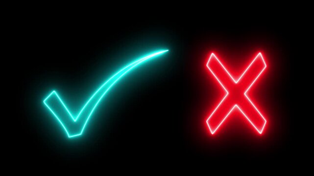 Neon Checkmark and Cross Symbols in Pink and Blue on Black Background neon signs tick