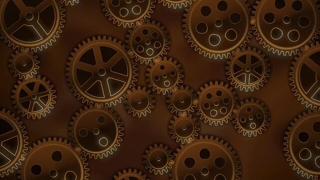 Interlocking Metal Gears Rotating Clockwork Mechanism Background Seamless Loop in deep copper tones