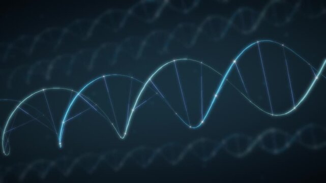 Rotating DNA Double Helix with Glowing Strands and Base Pairs seamless loop in cool cyan tones