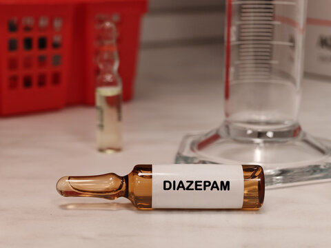 DIAZEPAM benzodiazepine for acute seizure control in an injectable vial medical ampoule on a clinical laboratory table