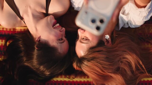 Two women friends lying on a blanket taking selfies and laughing together outdoors