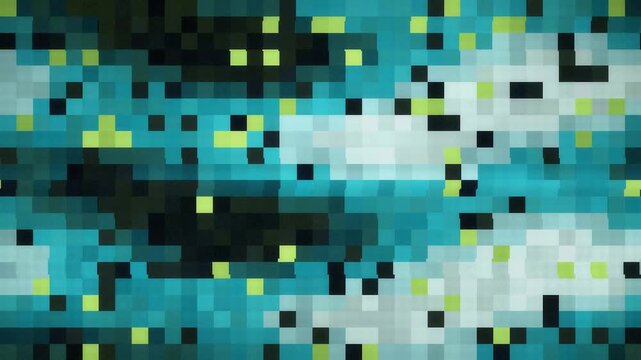 Digital glitch transition with RGB split, blocky displacement and static noise bursts, seamless loop in vibrant lime tones