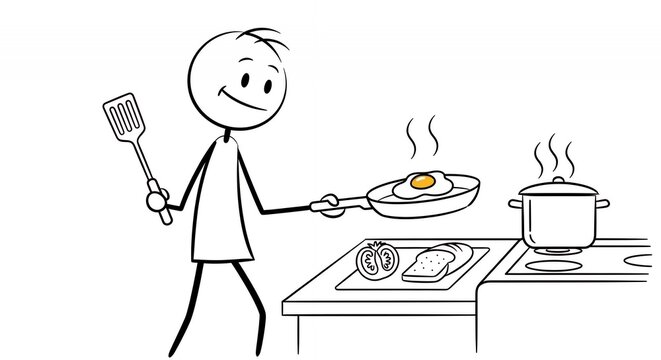 Smiling Stickman Cooking Fried Egg on White Background
