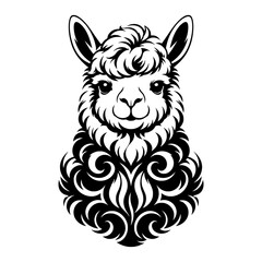 Obraz premium Black and white alpaca portrait with fluffy wool and a friendly expression, ideal for animal, farm, mascot, logo, tattoo, or decorative design.