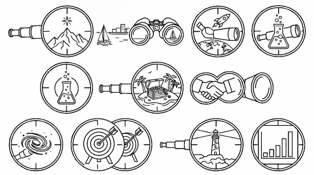 A collection of hand drawn line art icons featuring telescopes and magnifying lenses focusing on various conceptual subjects.