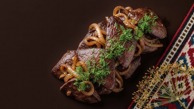 Macro detail of Kuyrdak beef offal stir-fry with seared liver, heart, caramelized onions, and micro-dill, featuring dried dill and traditional wool textile in the corner against  deep brown background