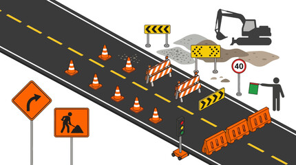 Fototapeta premium Isometric road construction site with heavy machinery and traffic signs. EPS Editable. Vector Illustrations.
