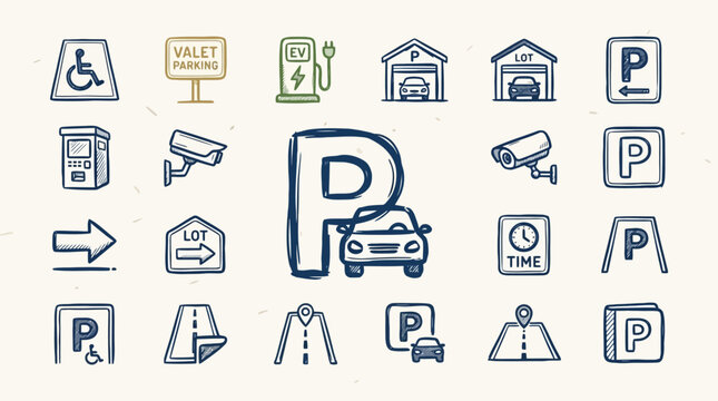 Hand drawn parking lot and vehicle icons set for urban navigation. EPS Editable. Vector Illustrations.