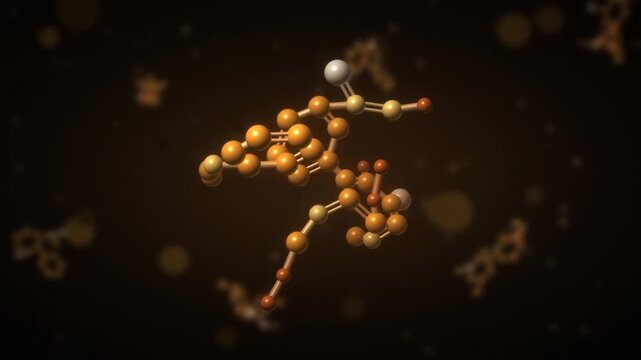 Rotating 3D molecule ball and stick model chemistry and pharmaceutical science background seamless loop in cool amber tones