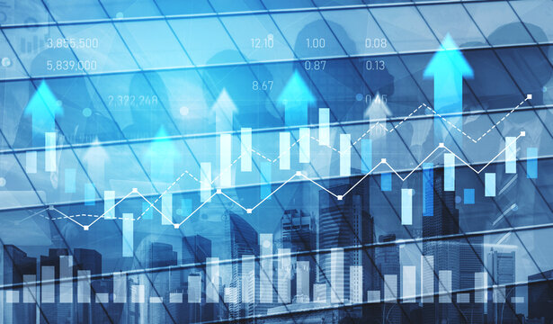 This abstract image showcases financial growth with upward arrows and stock market data overlaid on a cityscape, representing progress in the economy. Scalp
