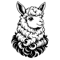 Obraz premium Black and white alpaca portrait with fluffy wool and a friendly expression, ideal for animal, farm, mascot, logo, tattoo, or decorative design.