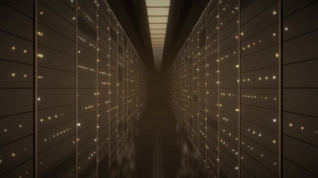 Data center server racks aisle with blinking LED status lights seamless loop in rich amber tones