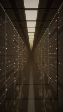 Data center server racks aisle with blinking LED status lights seamless loop in cool amber tones vertical 9:16