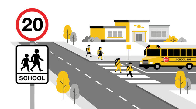 School zone road safety illustration with children crossing the street near a yellow bus. EPS Editable. Vector Illustrations.